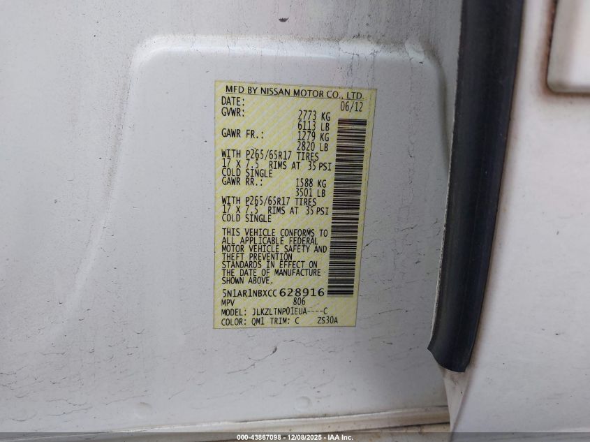 2012 Nissan Pathfinder Sv VIN: 5N1AR1NBXCC628916 Lot: 43867098