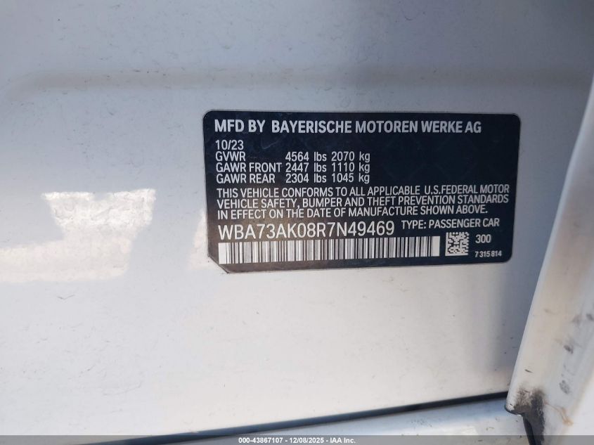 2024 BMW 228I Gran Coupe xDrive VIN: WBA73AK08R7N49469 Lot: 43867107