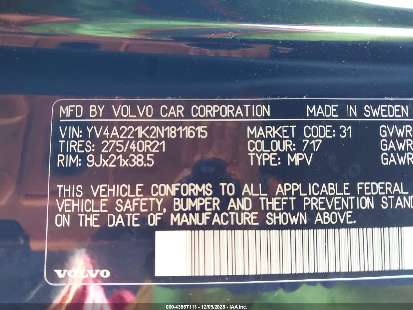 2022 Volvo Xc90 T6 Momentum 6 Passenger VIN: YV4A221K2N1811615 Lot: 43867115