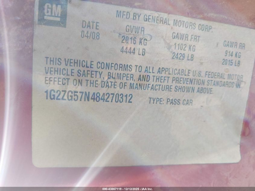 2008 Pontiac G6 VIN: 1G2ZG57N484270312 Lot: 43867119