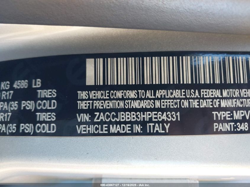 2017 Jeep Renegade Latitude 4X4 VIN: ZACCJBBB3HPE64331 Lot: 43867127