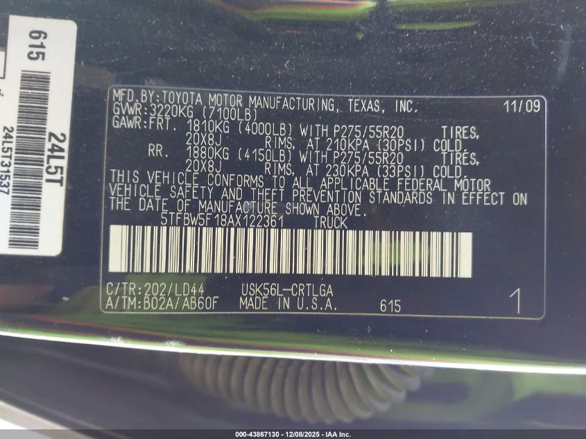 2010 Toyota Tundra Limited 5.7L V8 VIN: 5TFBW5F18AX122361 Lot: 43867130
