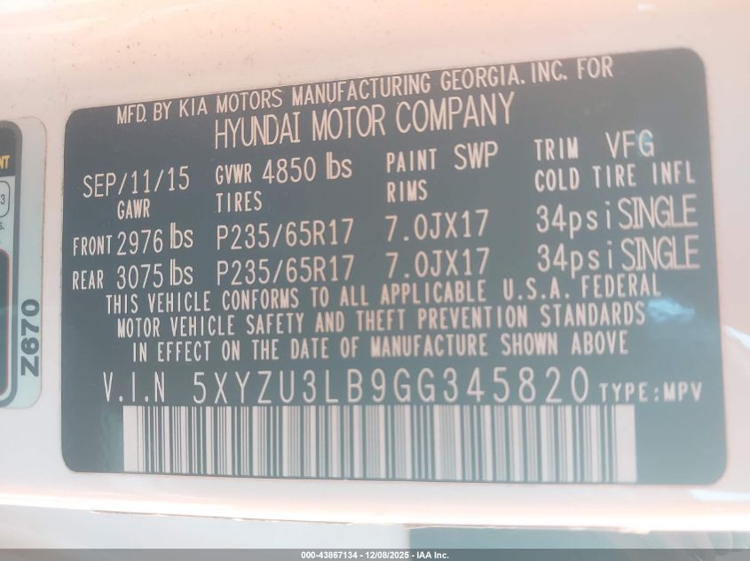 2016 Hyundai Santa Fe Sport 2.4L VIN: 5XYZU3LB9GG345820 Lot: 43867134