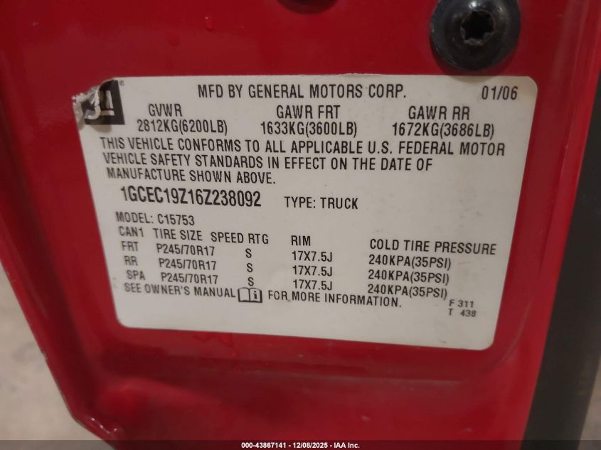 2006 Chevrolet Silverado 1500 Work Truck VIN: 1GCEC19Z16Z238092 Lot: 43867141