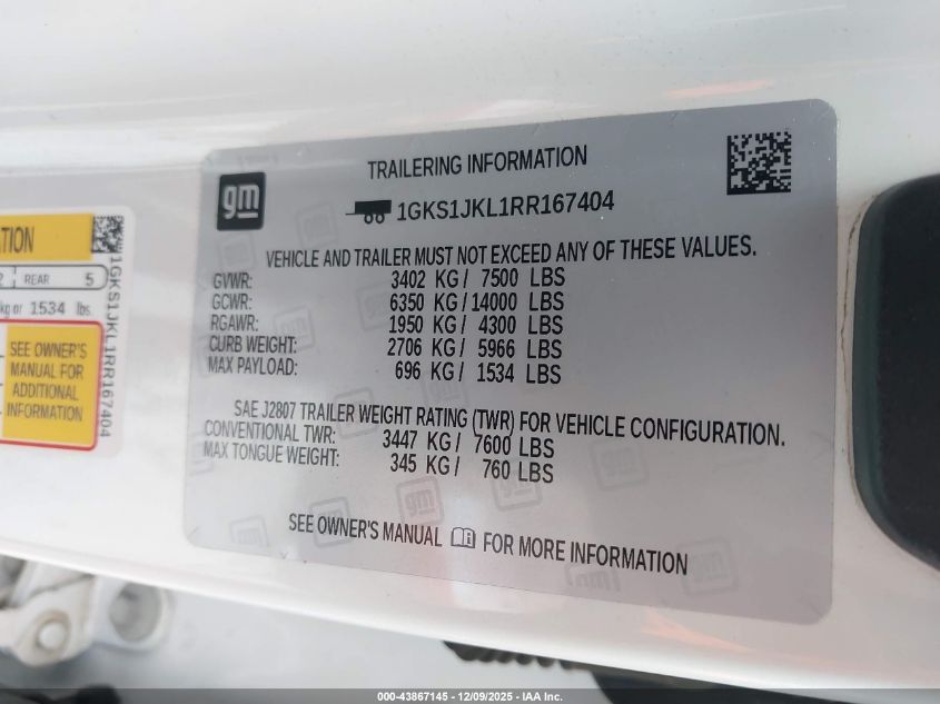 2024 GMC Yukon Xl 2Wd Denali VIN: 1GKS1JKL1RR167404 Lot: 43867145