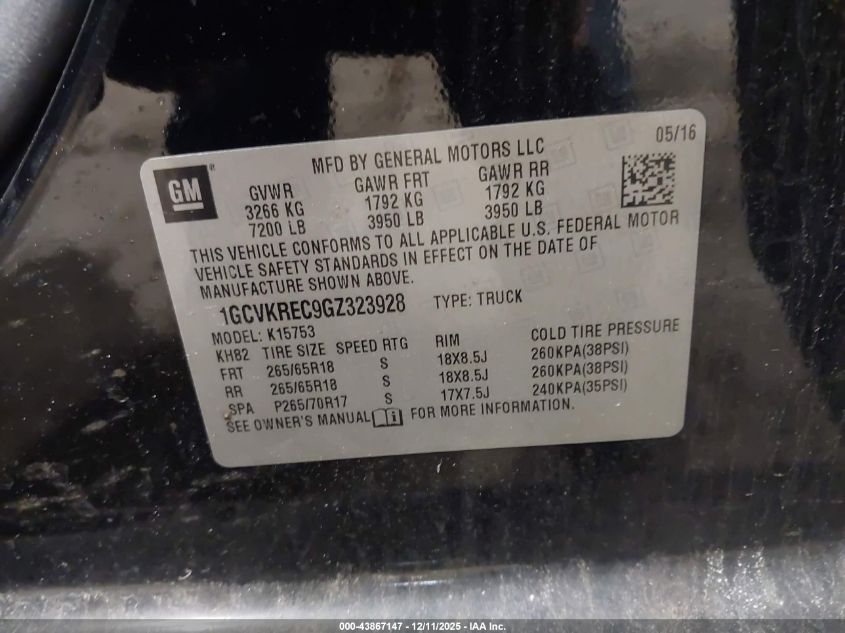 2016 Chevrolet Silverado 1500 2Lt VIN: 1GCVKREC9GZ323928 Lot: 43867147