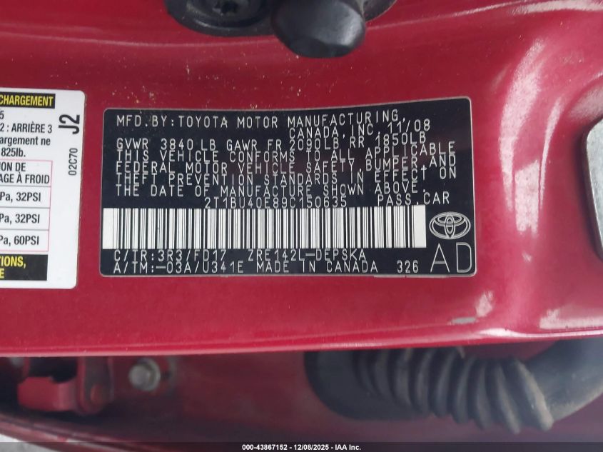 2009 Toyota Corolla S VIN: 2T1BU40E89C150635 Lot: 43867152