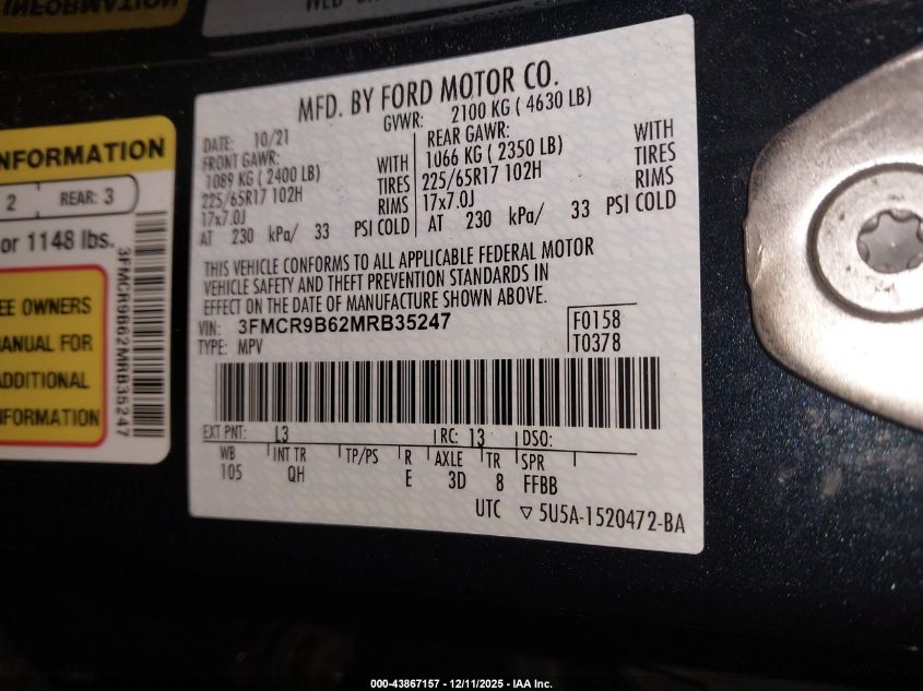 2021 Ford Bronco Sport Big Bend VIN: 3FMCR9B62MRB35247 Lot: 43867157