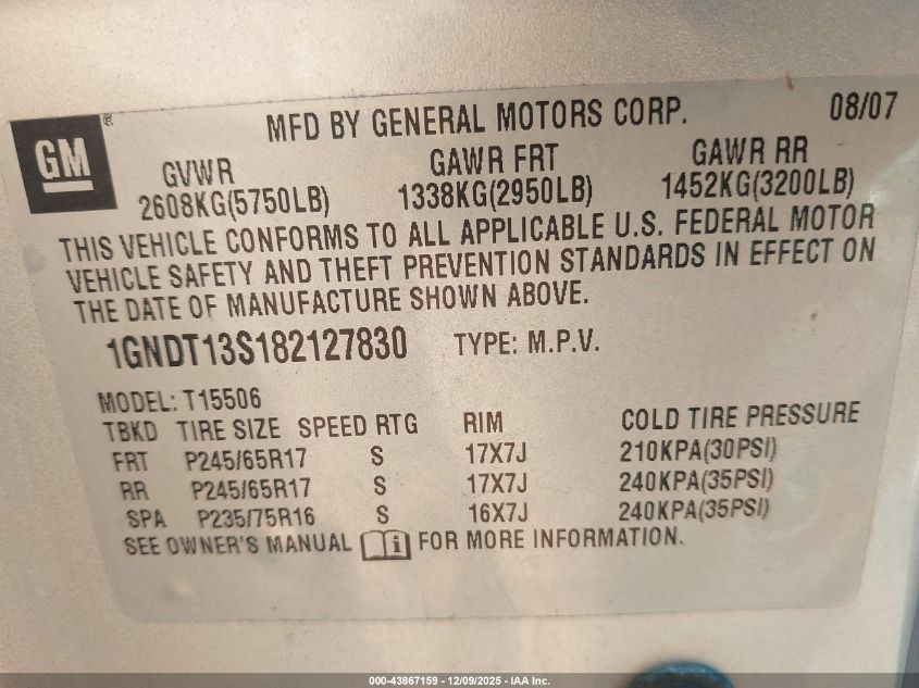 2008 Chevrolet Trailblazer Fleet VIN: 1GNDT13S182127830 Lot: 43867159