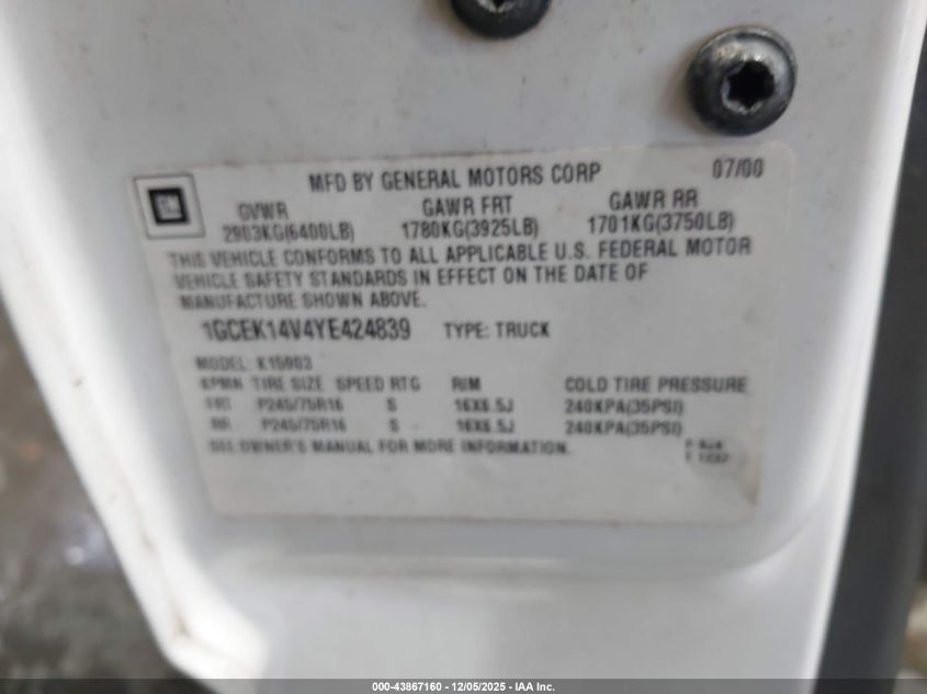 2000 Chevrolet Silverado 1500 VIN: 1GCEK14V4YE424839 Lot: 43867160
