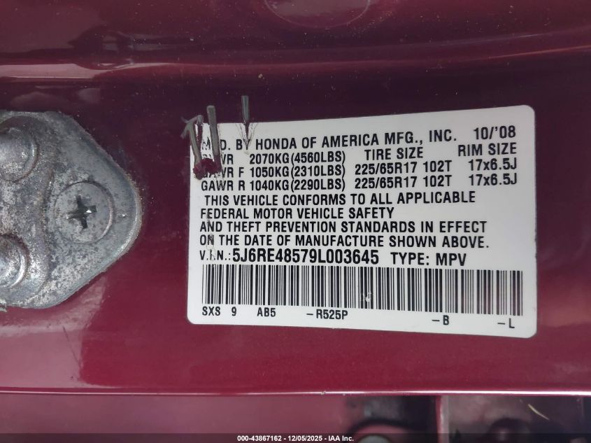 2009 Honda Cr-V Ex VIN: 5J6RE48579L003645 Lot: 43867162