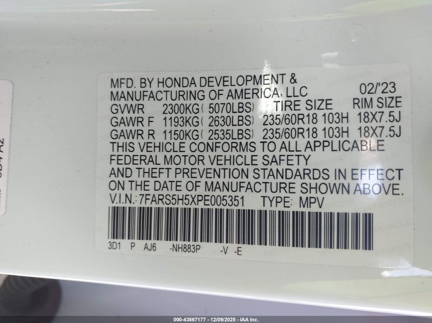 2023 Honda Cr-V Hybrid Sport VIN: 7FARS5H5XPE005351 Lot: 43867177
