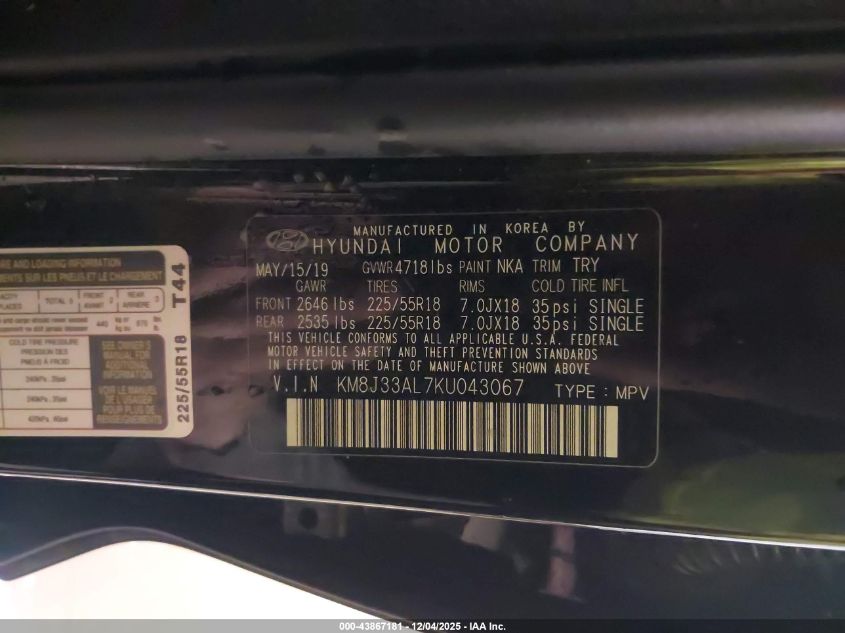 2019 Hyundai Tucson Sel VIN: KM8J33AL7KU043067 Lot: 43867181