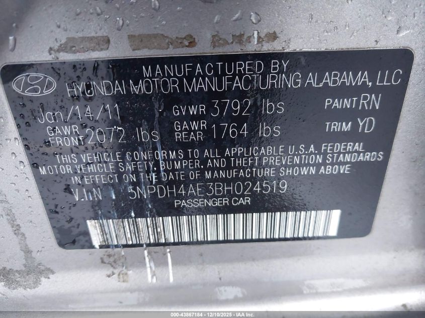 2011 Hyundai Elantra Gls VIN: 5NPDH4AE3BH024519 Lot: 43867184