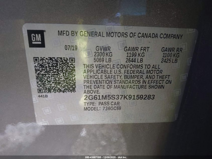 2019 Cadillac Xts Luxury VIN: 2G61M5S37K9159283 Lot: 43867185