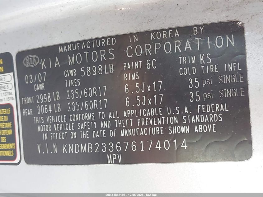 2007 Kia Sedona Ex VIN: KNDMB233676174014 Lot: 43867196