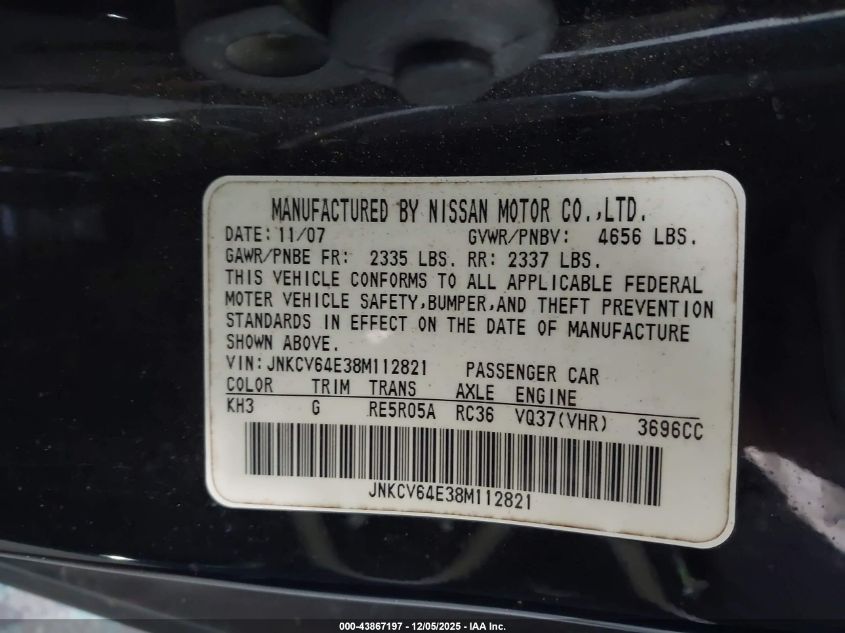 2008 Infiniti G37 Journey VIN: JNKCV64E38M112821 Lot: 43867197