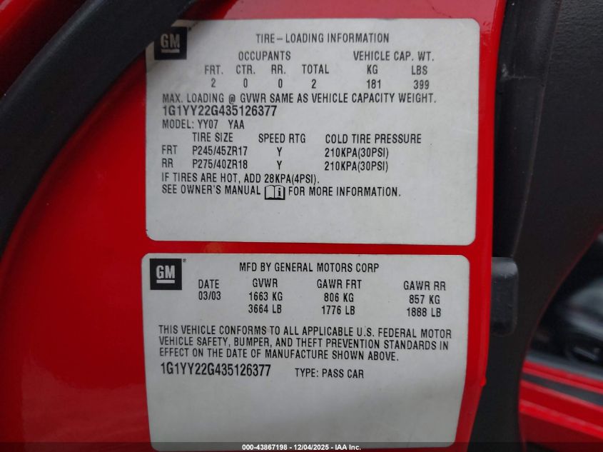 2003 Chevrolet Corvette VIN: 1G1YY22G435126377 Lot: 43867198