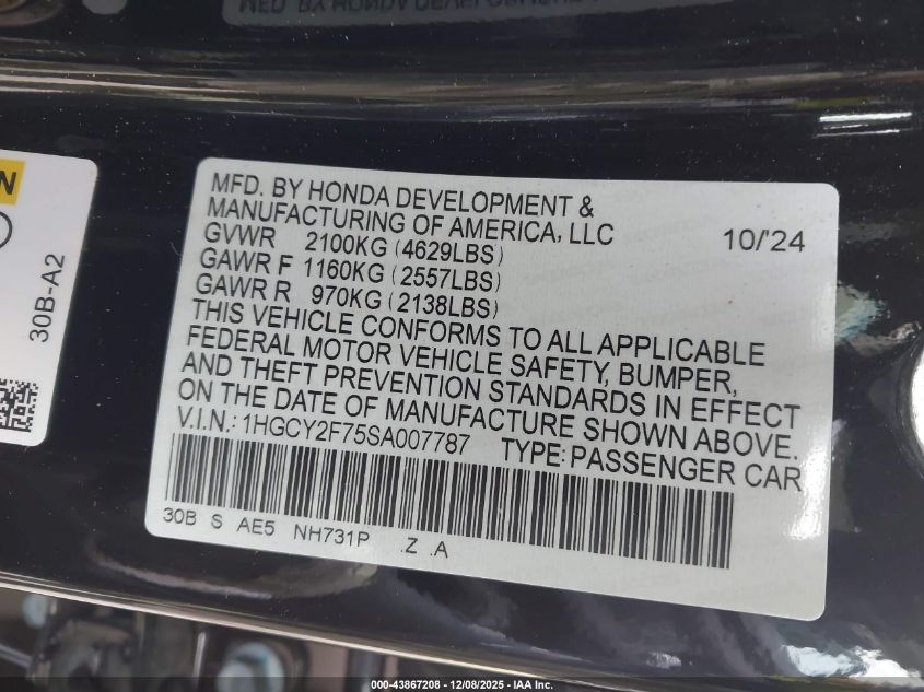 2025 Honda Accord Hybrid Sport-L VIN: 1HGCY2F75SA007787 Lot: 43867208