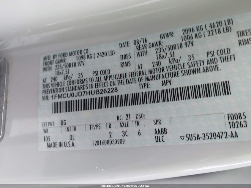 2017 Ford Escape Titanium VIN: 1FMCU0JD7HUB26228 Lot: 43867220