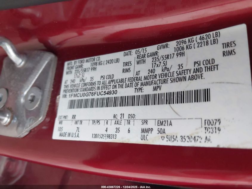 2015 Ford Escape Se VIN: 1FMCU0G76FUC54930 Lot: 43867226