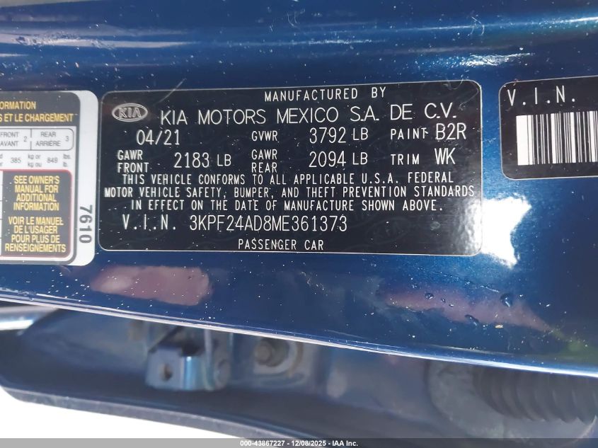 2021 Kia Forte Lxs VIN: 3KPF24AD8ME361373 Lot: 43867227
