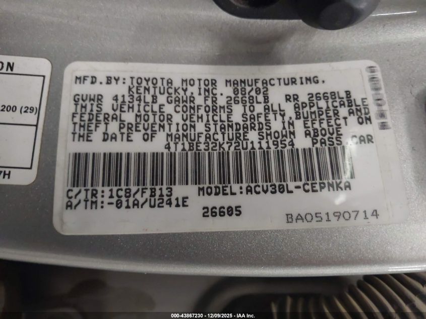 2002 Toyota Camry Le VIN: 4T1BE32K72U111954 Lot: 43867230