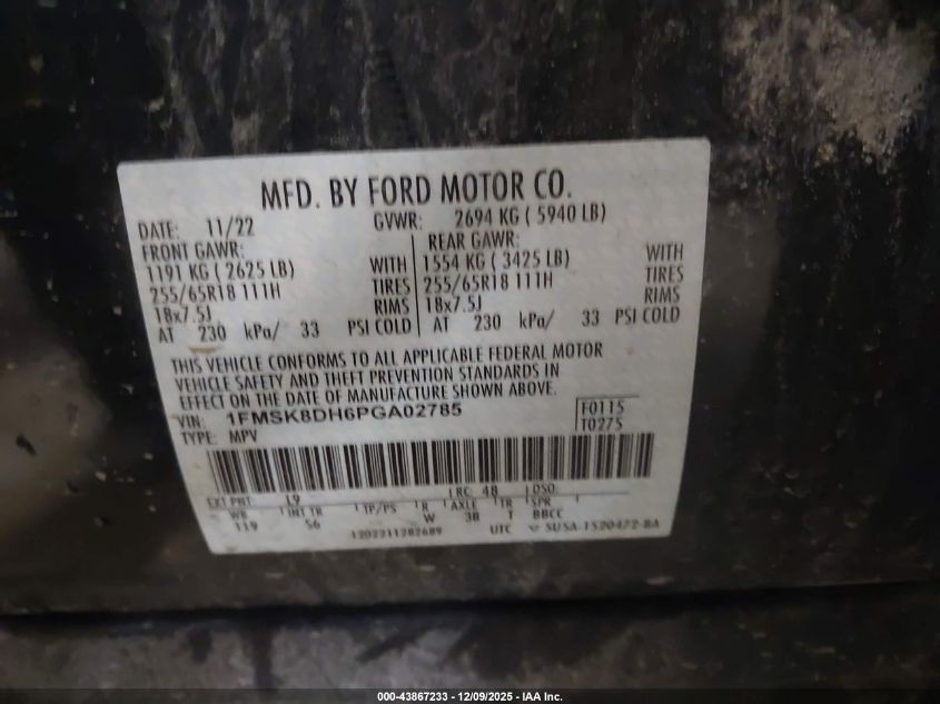 2023 Ford Explorer Xlt VIN: 1FMSK8DH6PGA02785 Lot: 43867233