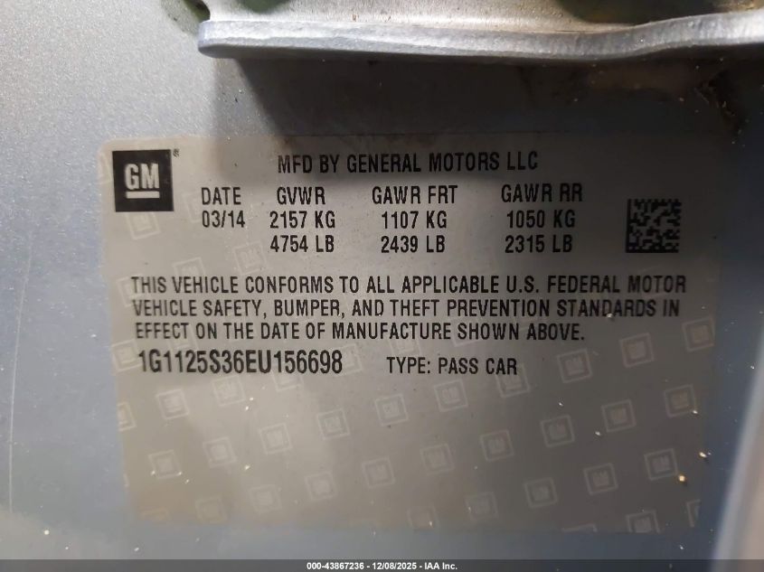 2014 Chevrolet Impala 2Lt VIN: 1G1125S36EU156698 Lot: 43867236