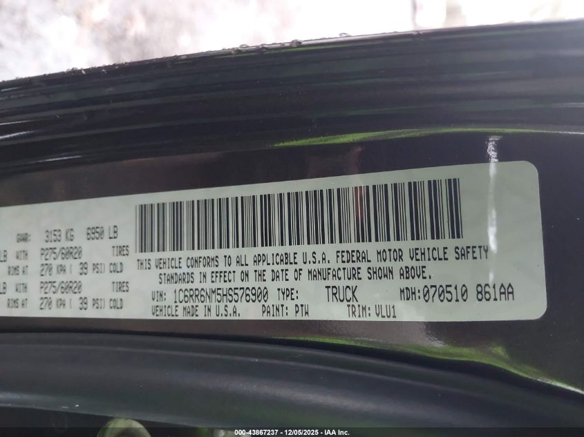 2017 Ram 1500 Laramie 4X2 5'7 Box VIN: 1C6RR6NM5HS576900 Lot: 43867237