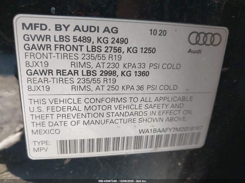 2021 Audi Q5 Premium Plus 45 Tfsi Quattro S Tronic VIN: WA1BAAFY7M2018167 Lot: 43867246