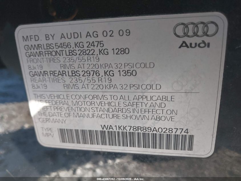 2009 Audi Q5 3.2 Premium VIN: WA1KK78R89A028774 Lot: 43867252