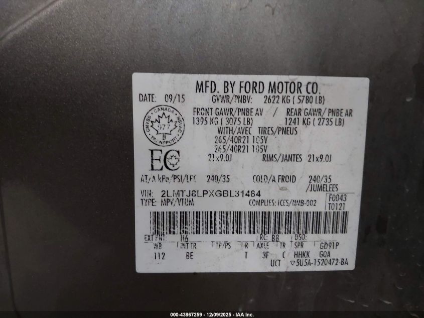 2016 Lincoln Mkx Reserve VIN: 2LMTJ8LPXGBL31484 Lot: 43867259