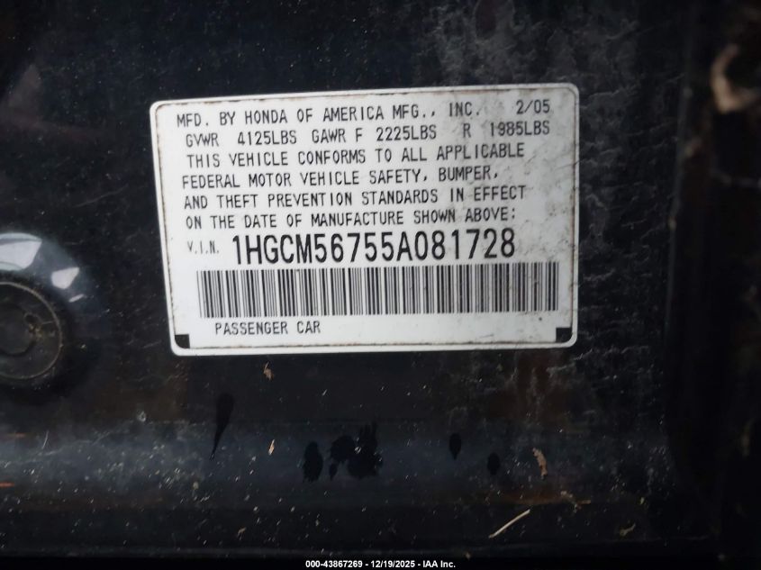 2005 Honda Accord 2.4 Ex VIN: 1HGCM56755A081728 Lot: 43867269
