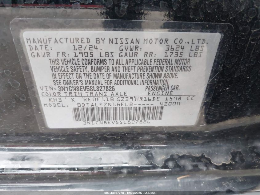 2025 Nissan Versa 1.6 Sv VIN: 3N1CN8EV5SL827826 Lot: 43867278