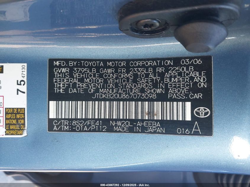 2006 Toyota Prius VIN: JTDKB20U867073098 Lot: 43867292