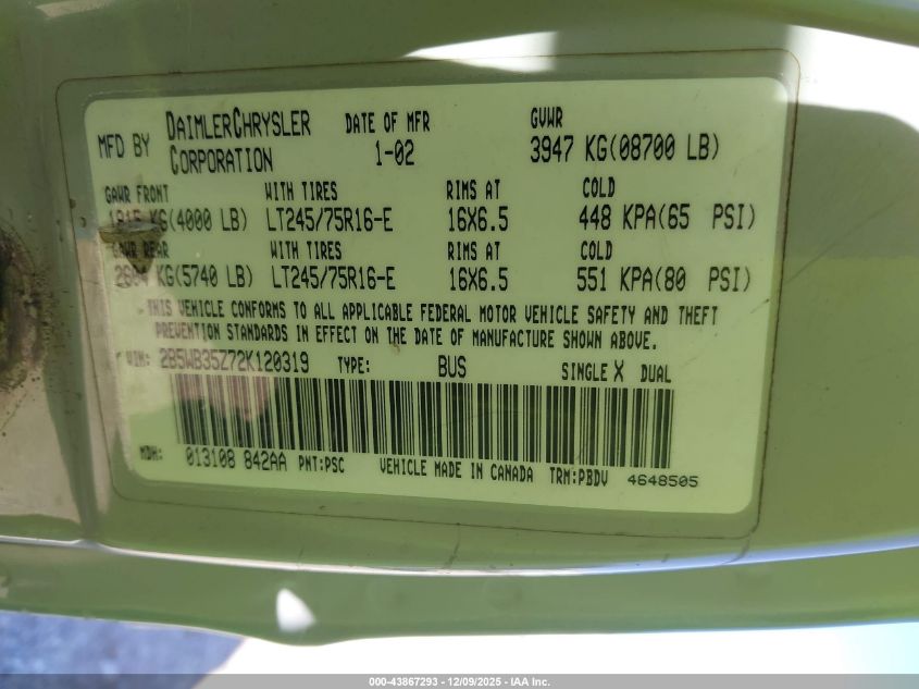 2002 Dodge Ram Wagon 3500 VIN: 2B5WB35Z72K120319 Lot: 43867293