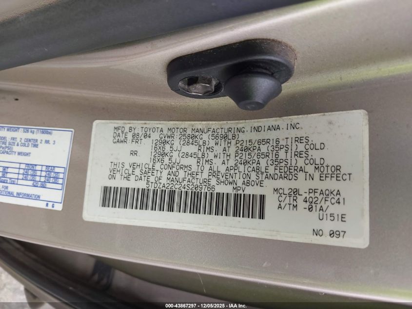 2004 Toyota Sienna Xle VIN: 5TDZA22C24S209766 Lot: 43867297