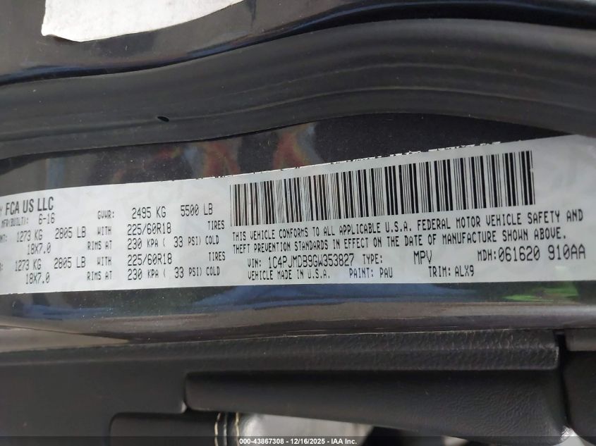 2016 Jeep Cherokee Limited VIN: 1C4PJMDB9GW353827 Lot: 43867308