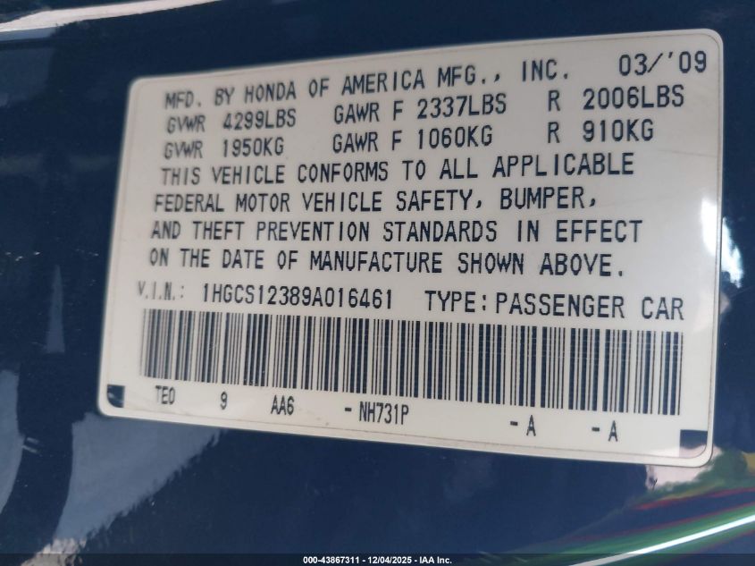 2009 Honda Accord 2.4 Lx-S VIN: 1HGCS12389A016461 Lot: 43867311