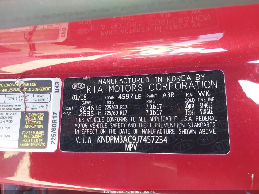 2018 Kia Sportage Lx VIN: KNDPM3AC9J7457234 Lot: 43867331