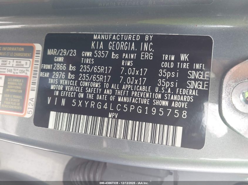 2023 Kia Sorento Lx VIN: 5XYRG4LC5PG195758 Lot: 43867339