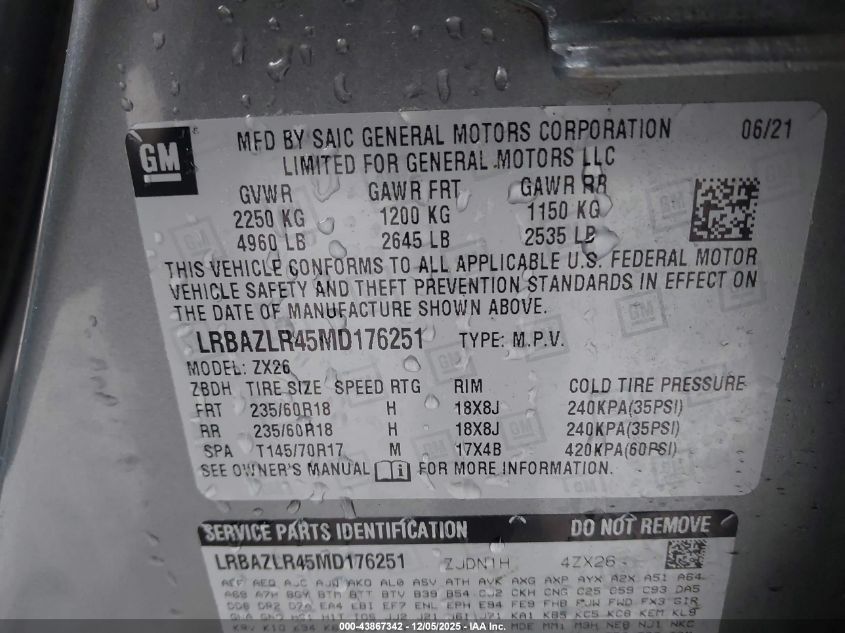 2021 Buick Envision Fwd Preferred VIN: LRBAZLR45MD176251 Lot: 43867342