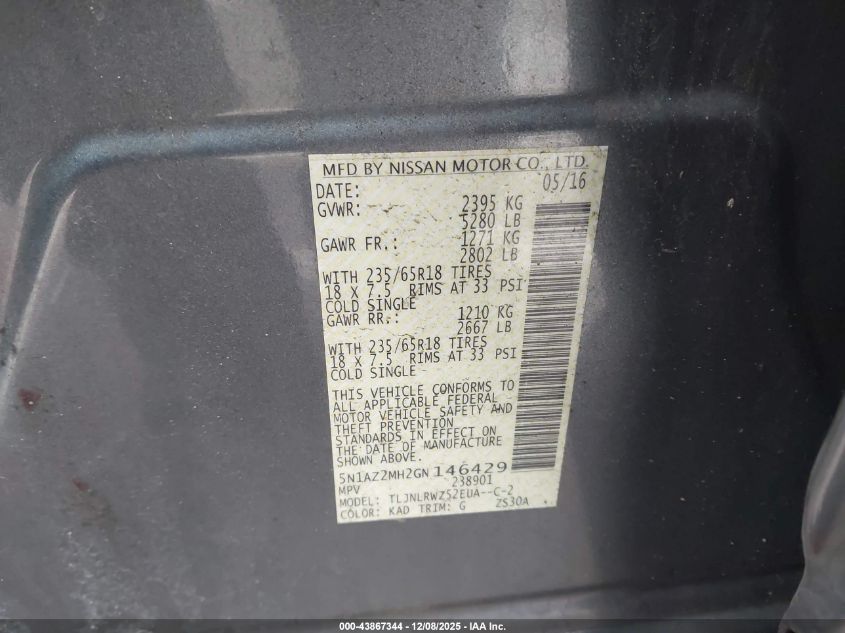 2016 Nissan Murano Sl VIN: 5N1AZ2MH2GN146429 Lot: 43867344