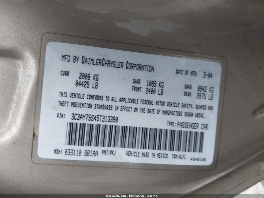 2005 Chrysler Pt Cruiser Gt VIN: 3C3AY75S45T313390 Lot: 43867353