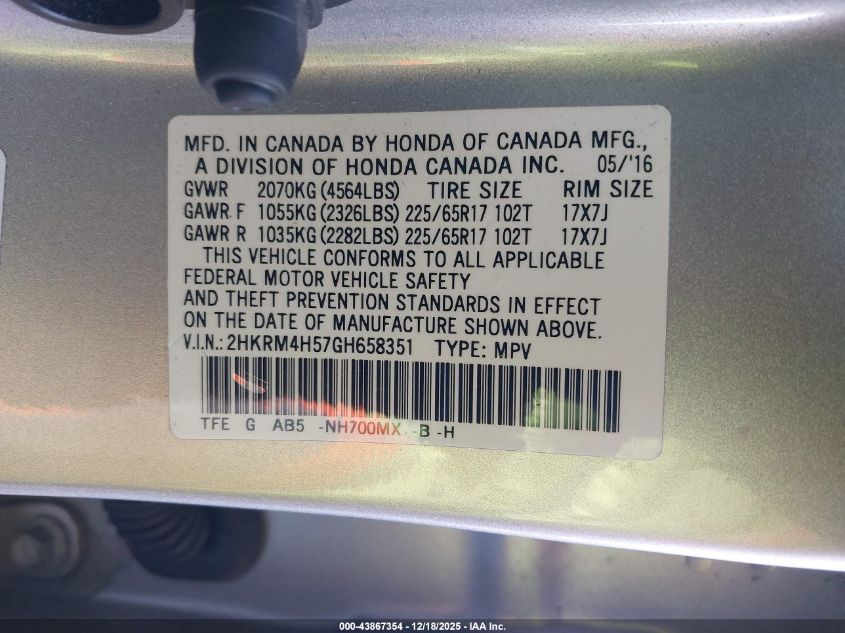 2016 Honda Cr-V Ex VIN: 2HKRM4H57GH658351 Lot: 43867354