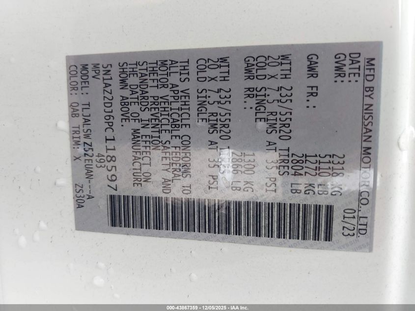 2023 Nissan Murano Platinum Fwd VIN: 5N1AZ2DJ6PC118597 Lot: 43867359