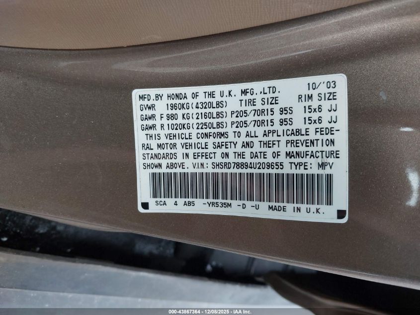 2004 Honda Cr-V Ex VIN: SHSRD788944209655 Lot: 43867364