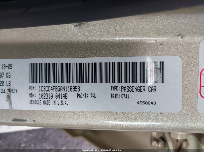 2010 Chrysler Sebring Touring VIN: 1C3CC4FB3AN116953 Lot: 43867366