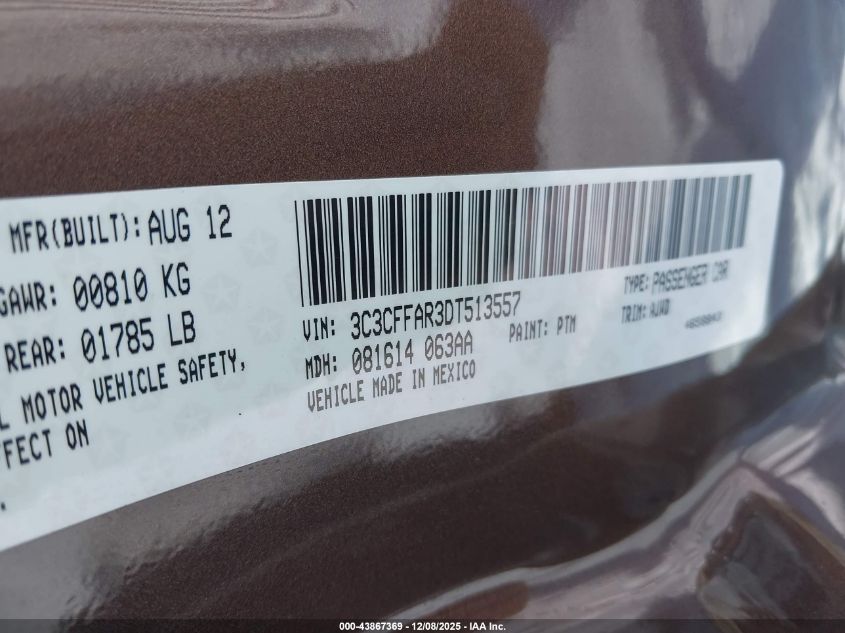 2013 Fiat 500 Pop VIN: 3C3CFFAR3DT513557 Lot: 43867369